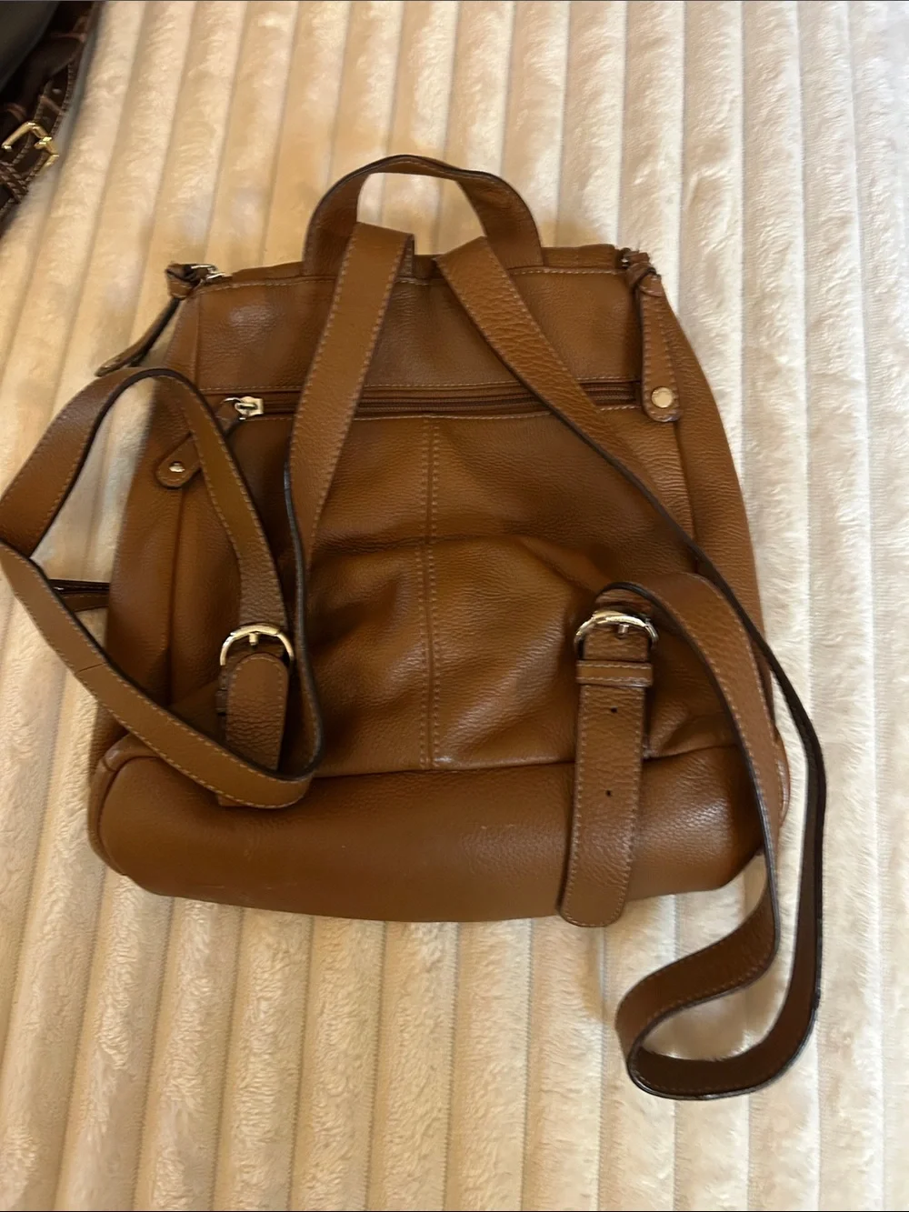 Tignanello Tan/brownPebbled Leather Backpack with Chain-Print Lining